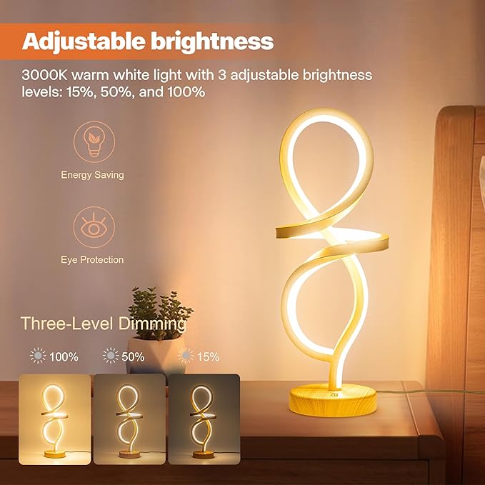 Mayful Modern LED Spiral Table Lamp, RGB Wood Grain Bedside Light with 7 Colors 10 Modes, Touch Dimmable Nightstand for Bedroom Living Room Home Office, 15W