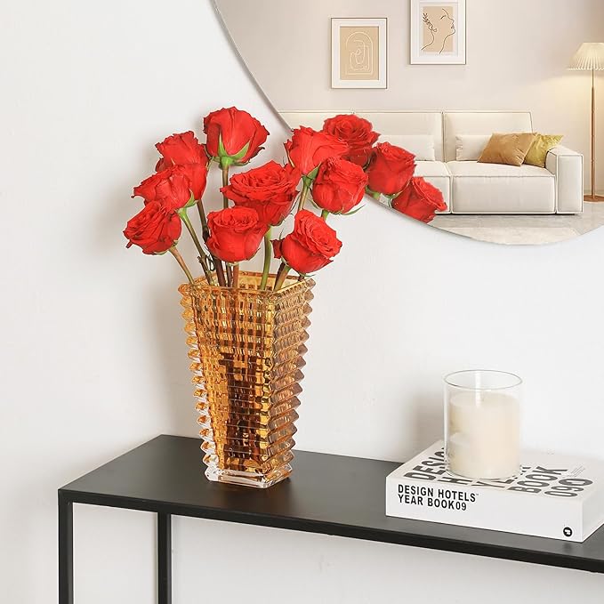 MCMCNCUIU Crystal Vase, Large Crystal Vases for Flowers, Amber Large Flower Vase, Modern Glass Vases for Living Room, Bedroom, Kitchen, Dining Table, Mantle, Wedding, 9 Inches
