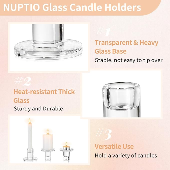 NUPTIO Glass Taper Candle Holders: Set of 2 Clear Small Candlestick Tapered Holder for Candles Sticks Modern Short Tapers Candleholders for Wedding Christmas Thanksgiving Party Table Decor
