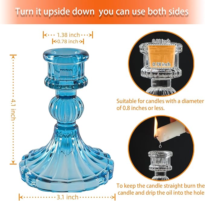 Glass Candlestick Holder,Striped Taper Candle Holders,Set of 6 Candle Stand for Table Centerpieces, Home Decor,Weddings,Festival and Parties (Blue Stripe Pattern)