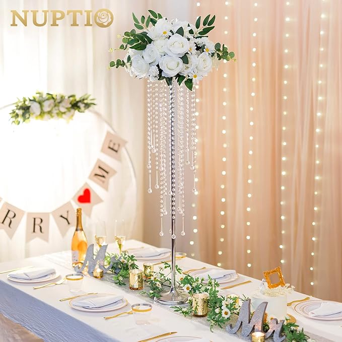 NUPTIO Silver Vases for Centerpieces Wedding - 10 Pcs 39.4in Tall Vase for Tables - Flower Stand Chandelier for Weddings