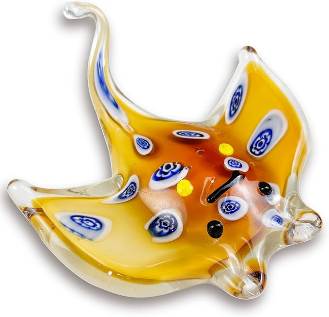 Crystal Ray Fish Figurine Hand Blown Glass Manta Ray Statue Collectibles Ocean Art Sea Animal Home Table Decor Gift Yellow 4.9''