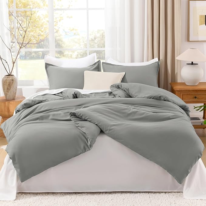Litanika Comforters Medium Gray Oversized King Size, 3 Pieces Lightweight Solid Bedding Set & Collections, All Season Fluffy Bed Set (120x98In Comforter & 2 Pillowcases)