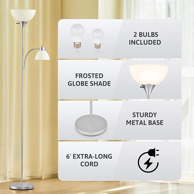 VONLUCE Torchiere Floor Lamp, 71" Standing Lamp with Adjustable Reading Lights & 2 Bulbs, 3 Color Temperatures Modern Tall Pole Lamp for Living Room Bedroom Corner, Nickel