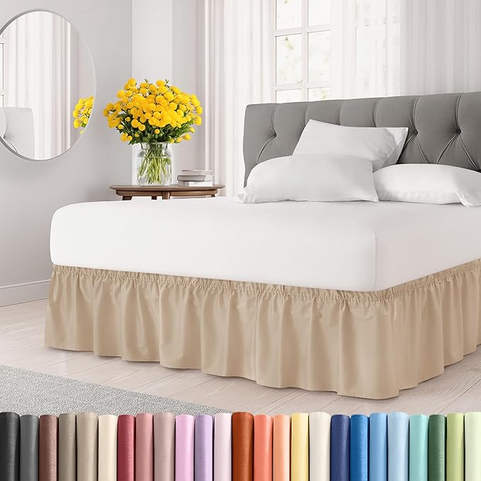 Wrap Around Dust Ruffle Bed Skirt - Cream - for Queen Size Beds with 21 Inch Drop - Easy Fit Elastic Strap - Adjustable Pleated Bedskirt w/Brushed Fabric - Wrinkle Free - for Women, Men, Kids & Teens