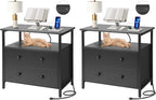 27 inch Wide Night Stand Set 2 with Charging Station, Bedside Table with Open Shelf, 2 Drawers Small Wood Dresser, Modern Wood Nightstand for Bedroom/Living Room (Black)
