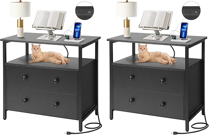 27 inch Wide Night Stand Set 2 with Charging Station, Bedside Table with Open Shelf, 2 Drawers Small Wood Dresser, Modern Wood Nightstand for Bedroom/Living Room (Black)