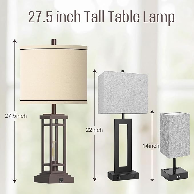 27.5 Tall Farmhouse Table Lamps with USB C + USB A Charge Ports, Rustic Living Room Lamps Set of 2, Black Industrial End Table Lamp for Bedroom Living Room Nightstand (Oil-Rubbed Bronze)