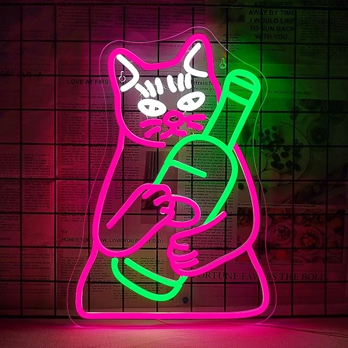 WLHOPE Beer Cat Neon Sign for Wall Decor Adjustable LED Lights Decorations with Dimmable Pink Cute Cat for Bar Kitchen Restaurant Man Cave Birthday Parties