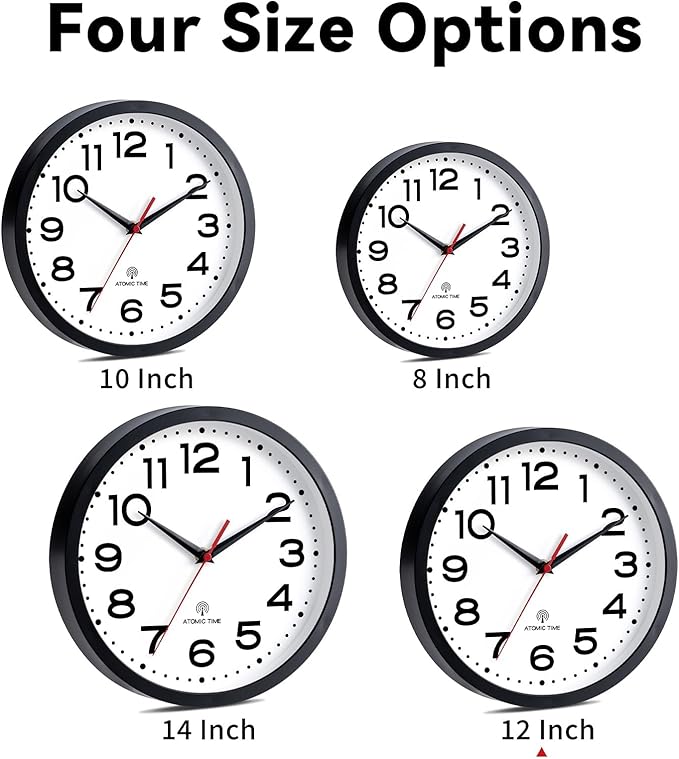 Atomic Wall Clock 12 Inch, Modern Clock Battery Operated Classic Analog Decorative for Kitchen, Living Room, Office, Bedroom, Bathroom (Black)