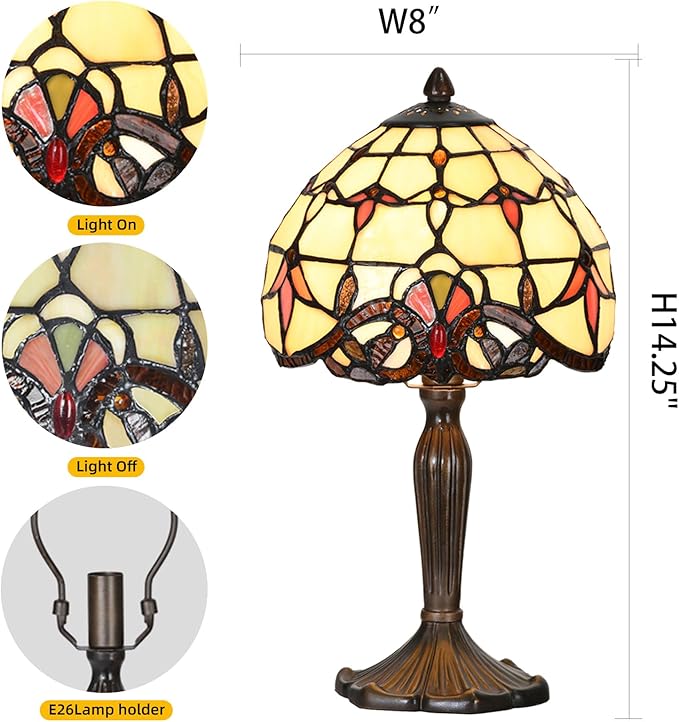 TL0007 Tiffany Lamp Baroque Design Stained Glass Table Lamp 8" D x 14.25" H for Living Room Bedroom Bedside Nightstand Home Office, LED Bulb Included (Beige Baroque)