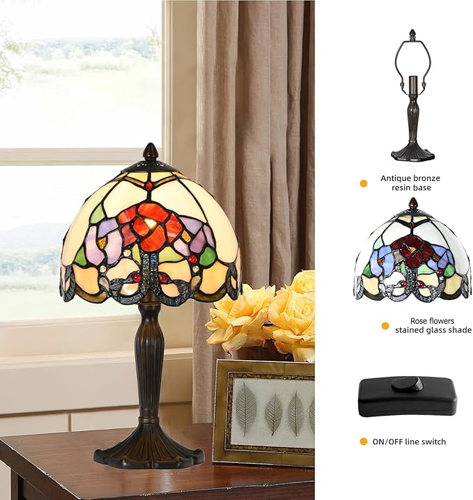 TL0010 Tiffany Lamp Rose Flowers Design Stained Glass Table Lamp 8" D x 14.25" H for Living Room Bedroom Bedside Nightstand Home Office, LED Buld Included (Rose Flower)