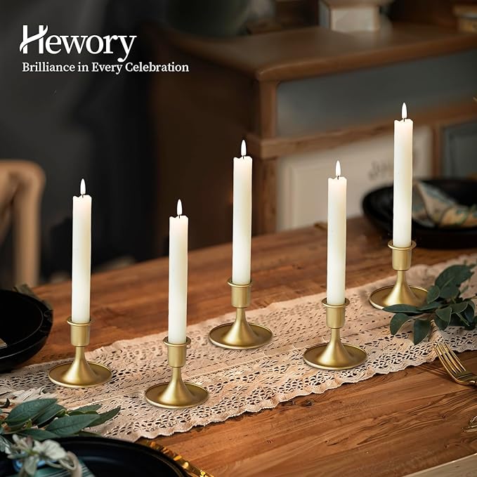 Gold Taper Candle Holder Set of 6, Hewory Short Skinny Brass Candlestick Holders, Vintage Small Low Metal Candles Sticks for Wedding Centerpieces Christmas Birthday Party Holiday Dinning Table Decor