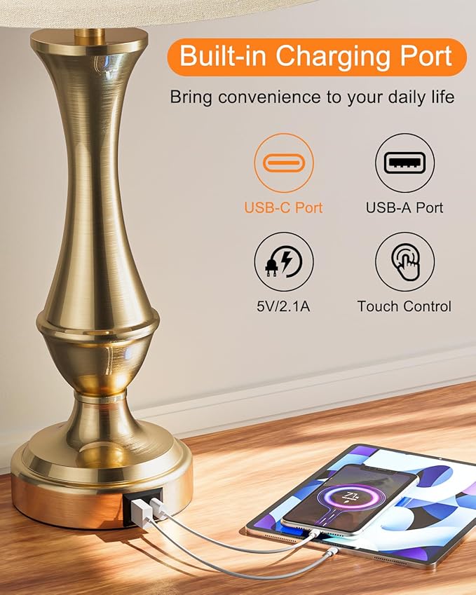Upgraded Touch Lamps for Night Stands Set of 2 - Bedside Lamps with USB C+A, 3 Way Dimmable for Bedroom Living Room End Tables Office (Oat Shade&Coppery Base)