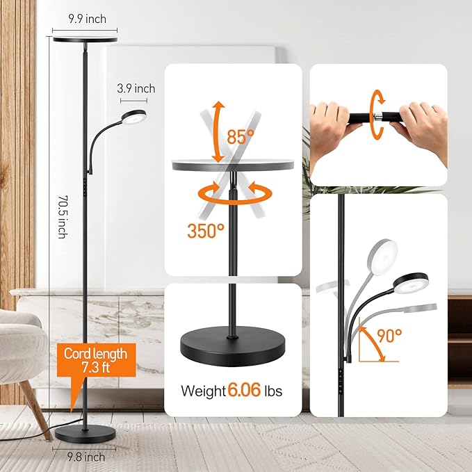 OUTON LED Floor Lamp, 27W/2400LM Modern Torchiere Lamp & 7W/ 400LM Reading Lamp, Bright Dimmable Standing Tall Lamp with 4 Color Temperature, Remote Touch Control for Living Room Bedroom Office, Black