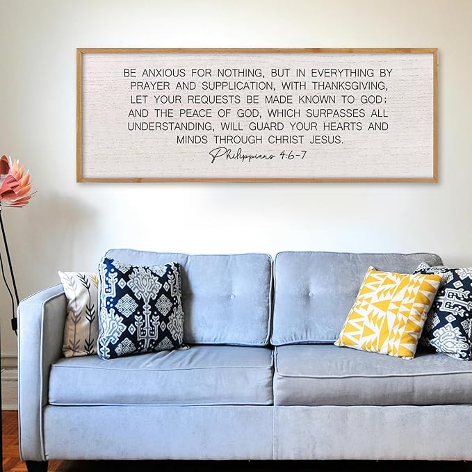 LuZhiQiang Be Anxious for Nothing Wall Decor 32"×12" Philippians 4:6-7 Bible Verse Sign Large Christian Scripture Wood Framed Hanging Decor (Wood)