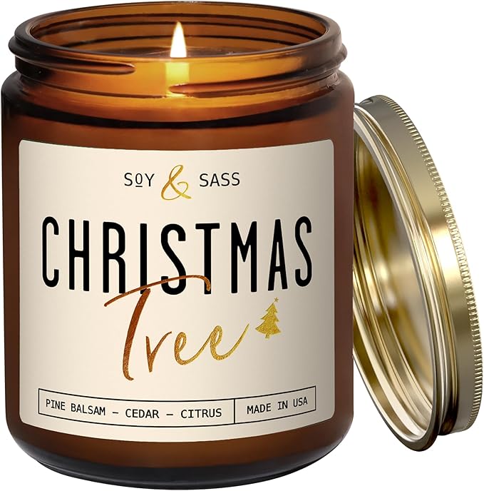Christmas Tree Candles, Christmas Candles Scented - 'Christmas Tree' Soy Candle w/Balsam, Cedar & Citrus - Infused with Essential Oils I Balsam Pine Candle I 9oz, 50Hr, USA Made