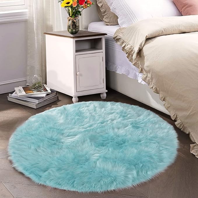 Latepis Large Faux Fur Rug Light Blue Round Rug s6.7ft Circle Fuzzy Plush Rugs for Bedroom Soft Fluffy Rug for Living Room Luxury Home Decor