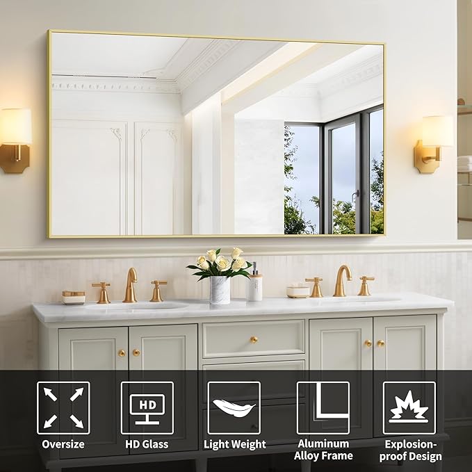 30x55In Gold Bathroom Mirror for Wall, Brushed Gold Rectangle Mirrors with Metal Frame, Bathroom Rectangular Mirror Modern Wall Mirror for Bedroom Living Room, Hangs Horizontal or Vertical