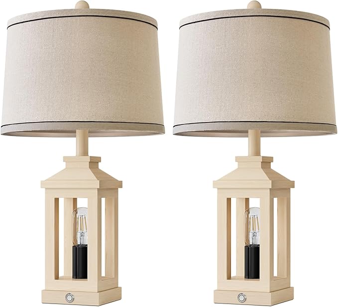 BOBOMOMO 23.75" Antique White Farmhouse Table Lamps Set of 2 – Vintage Nightstand Lamps with 3 Way Dimmable Touch Control Night Light & USB A+C Ports, Rustic Lamps for Bedroom, Living Room, Hallway