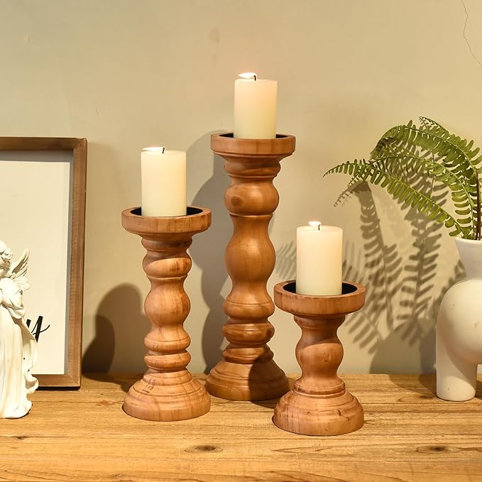 SWALLOWLIVING Rustic Farmhouse Wood Pillar Candle Holder Set of 3 for Candlestick, Brown
