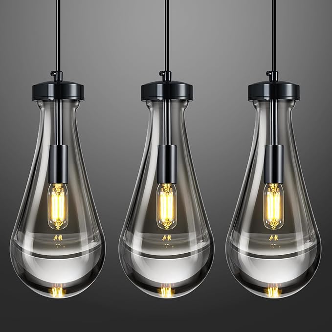 Raindrop Pendant Lights Kitchen Island Teardrop PlatingBlack Hanging Light Fixtures Clear Solid Glass Pendant Light Modern Chandeliers for Dining Room Porch Corridor Living Room(Black 3-Pack)