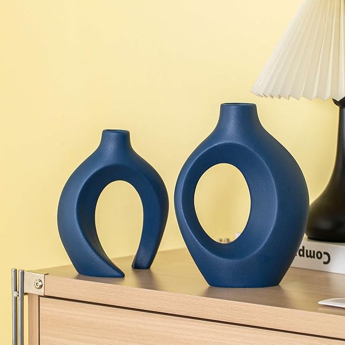 Levvohd Snuggle Hollow Ceramic Vase Set of 2, 8.4 inch Modern Nordic Coastal Shaped Pampas Grass Aesthetic Decorative Table Vases for Home Decor (Matte Navy Blue - M)