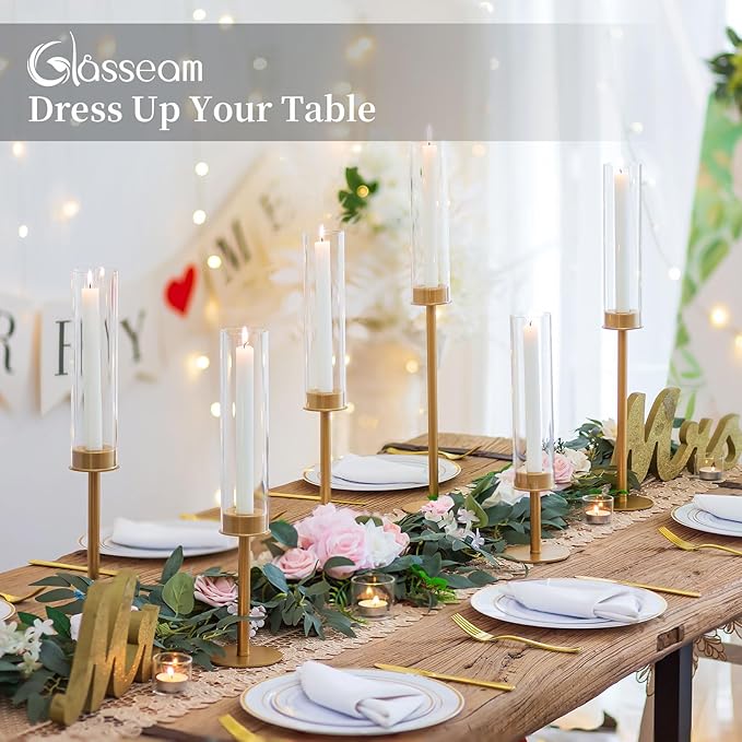 Gold Candlestick Hurricane Candle Holder: Glasseam Candlestick Holders for Taper Candles Bulk 12, Modern Candle Stick Candle Holder with Glass Chimney, Fireplace Candle Holder for Dining Table Decor