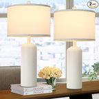 Ceramic Table Lamps Set of 2 for Bedroom Living Room, 24.8'' Modern Matte White Bedside Nightstand Lamp with Linen Drum Shade, Farmhouse Rustic Night Light Desk Decor for Kitchen Read Study Office
