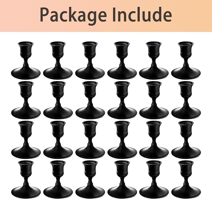 Vintage Black Taper Candle Holders, Set of 24, Metal Taper Candlestick Holder for Dinner Room Table Centerpiece, Wedding Reception, Festive,Mantel Decoration, Home Decor (Black 24, Set of 24)