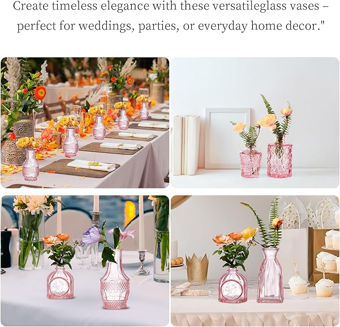 Glass Bud Vases Set of 16 - Pink Assorted Small Mini Glass Vases for Flowers, Crystal Vintage Vase Set, Bulk Centerpieces for Table Décor, Wedding, Home and Events (Pink, 16 Pcs)