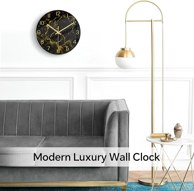 VIKMARI Black Modern Marble Texture Clock Gold Hands Rustic Kitchen Decor 12 Inch Wall Clock Battery Operated Non-Ticking Large Round Quartz Golden Decorative for Office Bedroom, Living Room