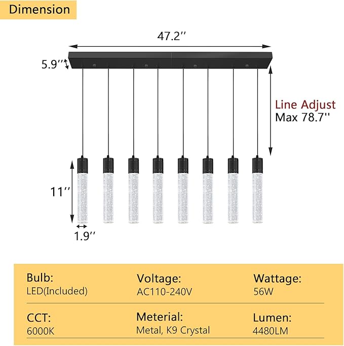 8-Lights Modern Crystal Chandeliers for Kitchen Island Pendants Lighting Fixture for Dining Room LED Ceiling Light for Hallway Foyer 6000K Black