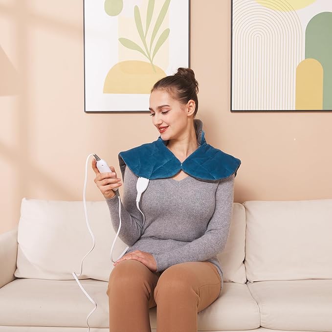 Ruqiji 19" x 24" Weighted Neck&Shoulder Heating Pad, 2.5lbs with 12 Temperature Settings&Countdown timer,Pain Relief for Neck/Shoulders/Menstrual Pain, Christmas Gifts for Women Men Mom Dad(Gray/Blue)