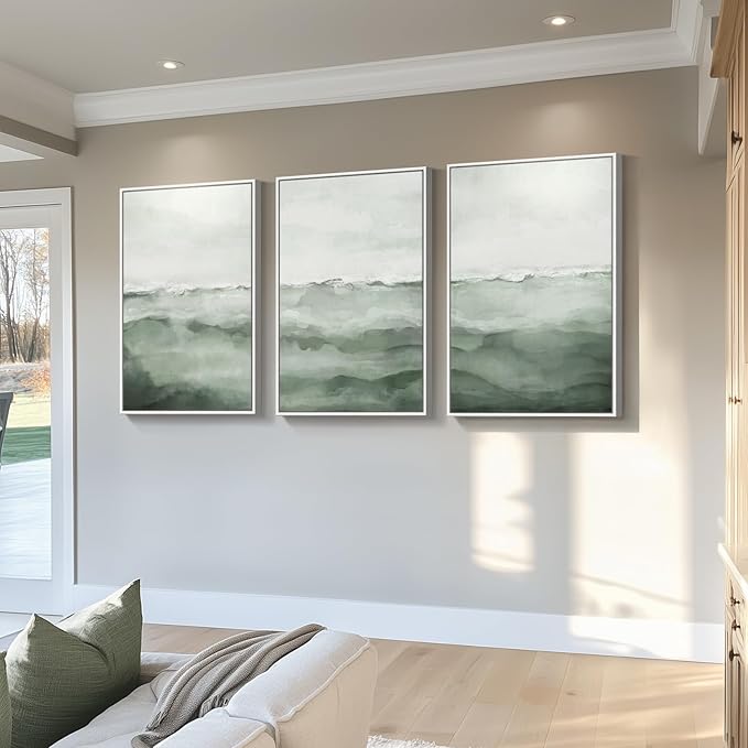 Large Framed Sage Green Abstract Landscape Wall Art for Living Room, 3 Piece Modern Canvas Prints Paintings Artwork for Walls, Minimalist Abstract Pictures for Hallway, Office Wall Decor 24x36 In