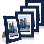 4x6 Picture Frame Set of 4, 4 x 6 Wood Photo Frames with Mat for 3.5x5, Natural Wooden Frame with Real Glass Cover for Wall and Tabletop Display,Blue