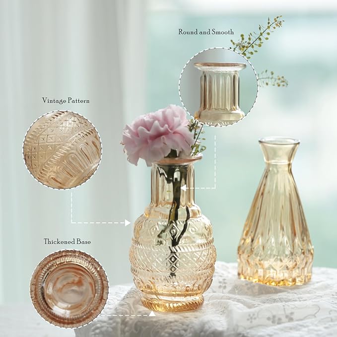 Bud Vases Set of 12,Glass Bud Vases in Bulk,Small Flower Vases for Centerpieces,Mini Vintage Vase for Wedding, Home Table Decor,Christmas,Party Decoration,Gold Amber