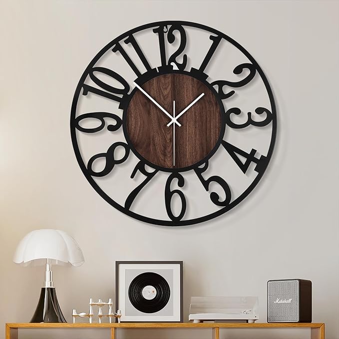 1st owned Large Wall Clock for Living Room Decor- 20" Decorative Antique Silent Non Ticking,Battery Operated,Black Metal,Wood Clocks for Farmhouse,Dining Room,Bedroom,Kitchen - Arabic Numerals