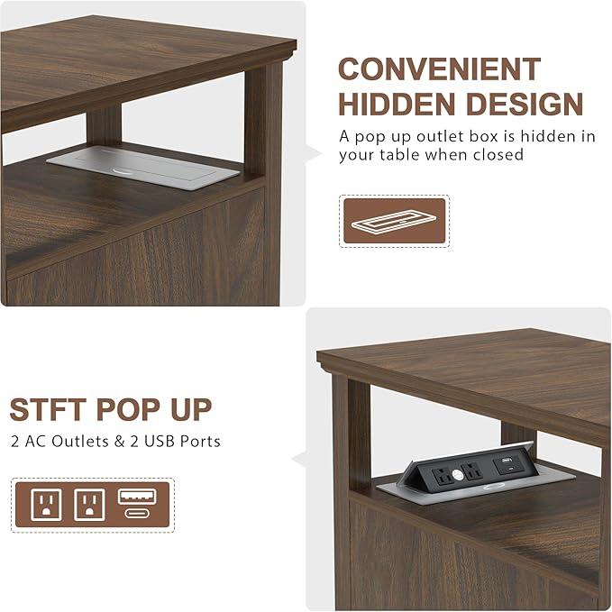 HIFYOBRO Narrow End Table with Flip Top Charging Station, Side Table Living Room, Adjustable Shelf & Power outlets, Bedside Table with Storage for Bedroom