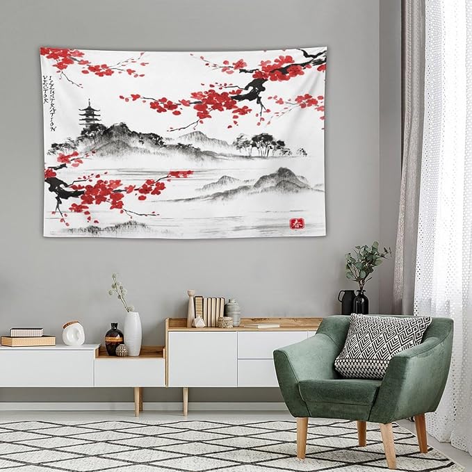 Cherry Blossoms Tapestry, Japanese Fuji Mountain Tapestry, Asian Japanese Wall Tapestry, Nature Landscape Tapestries for Bedroom Living Room Decor 90"x60"