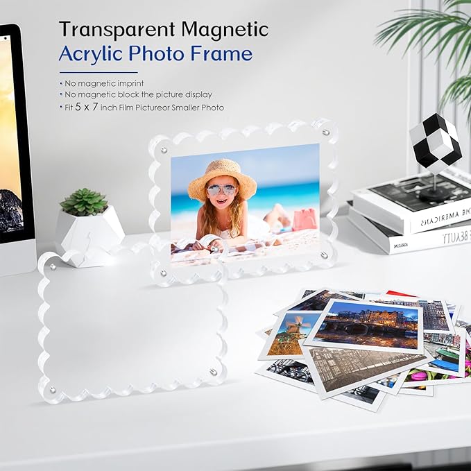 2Pack Acrylic Magnetic Photo Frame 5x7 Inch - Sleek Scalloped Design, 10+10mm Thick Crystal Clear Block, Freestanding Double-Sided Magnet |Trendy Home Gift (2 Pack, 5X7)
