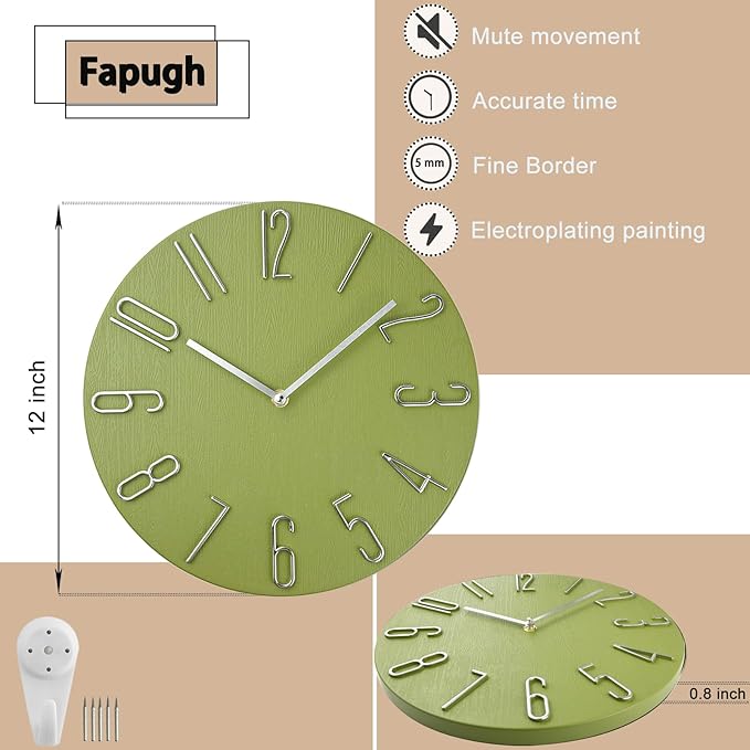 Wall Clock, Silent Clock, Wall Clocks Battery Operated， 12 inch Modern Wall Clock, Suitable for Offices, Living Rooms, Kitchens, Homes, Schools (Yellow Green Without Second Hand)