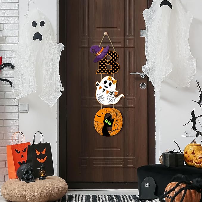 Britimes BOO Halloween Door Sign for Front Door, Halloween Cute Ghost Black Ghost Wall Decorations Wooden Hanging Signs for Home Wall Porch Outdoor Party Decor