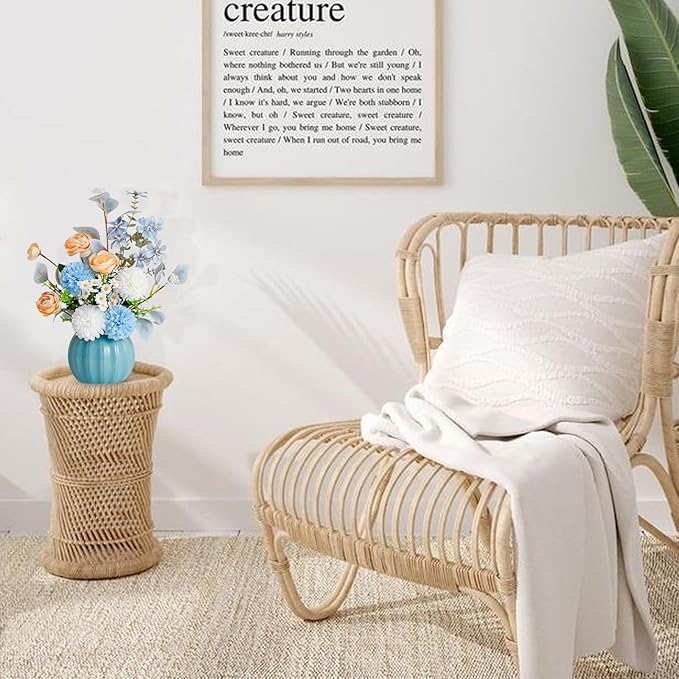 Artificial Flowers, Fake Flowers in Vase, Silk Flowers with Ceramic Vase, Faux Flowers Arrangement for Homes, Restaurants Decoration Dining Table Centerpiece Decor (Blue)