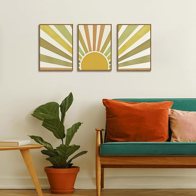 Bwodke Boho Wall Art, Framed Abstract Sunshine Wall Art, Sun Rising Neutral Canvas Wall Decor, Mid Century Geometric Pictures Set of 3, Minimalist Paintings, for Bedroom Living Room Bathroom 16"x24"