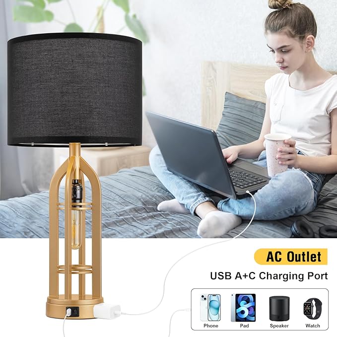 Seealle Table Lamps for Living Room Set of 2 - Gold Bedside Lamp for Bedroom with USB C+A & Outlet, Farmhouse Lamps for Night Stands, 3-Way Dimmable Touch Lamps for Living Room with Black Shade