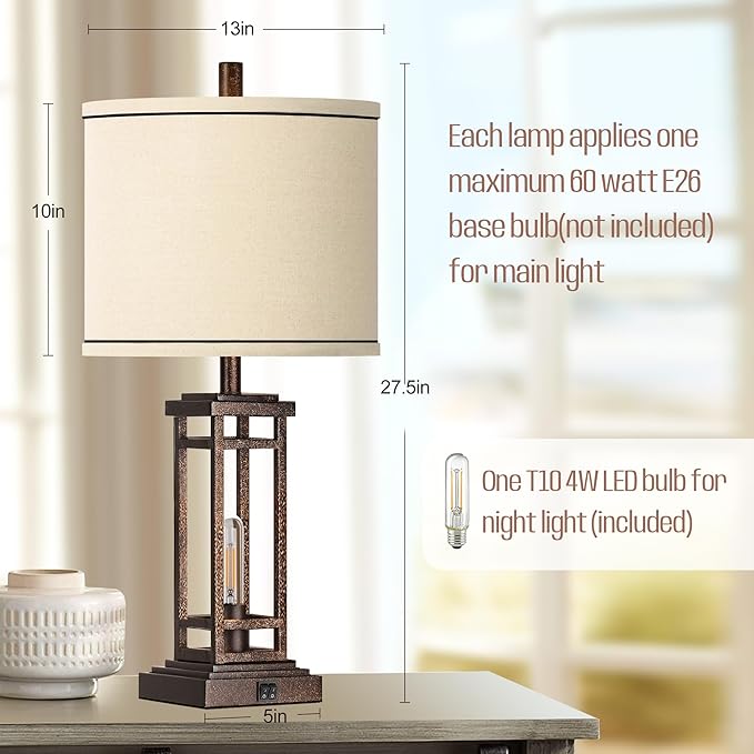 ROTTOGOON 27.5 Tall Farmhouse Table Lamp with USB C + USB A Charge Ports, Rustic Living Room Lamp, Black Industrial End Table Lamp for Bedroom Living Room Nightstand (Bronze)