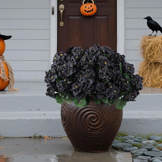 Hananona 6 Pcs Artificial Geranium Flowers for Outdoors Geranium Silk Flowers Outdoor UV Resistant Garden Plants Faux Black Flower for Home Kitchen Halloween Table Centerpieces Decor (6, Black)