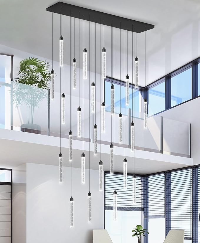 Rectangular Chandeliers 26-Lights Long Light for Entryway LED Dimmable Chandeliers Lighting Fixture Flat Sloped High Ceiling Pendant Lights Crystal for Living Room Foyer Hallway Staircase Black
