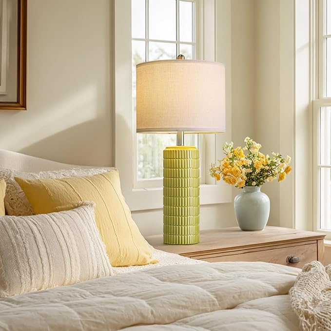 PoKat 27.5'' Tall Table Lamps for Living Room Set of 2, Mid Modern Century Ceramic Bedroom Lamps for Night Stands, Bedside Lamps for Bedroom, Nightstand Lamps for Side End Table Hallway, Green